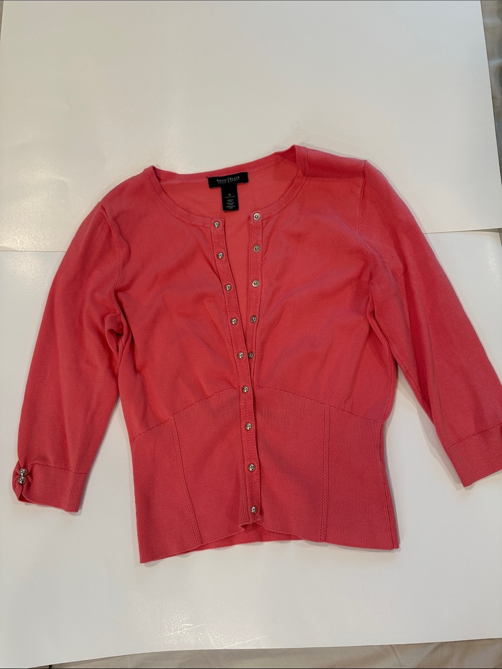 White House Black Market coral cardigan, 3/4 sleeves, Silver snaps, size Medium